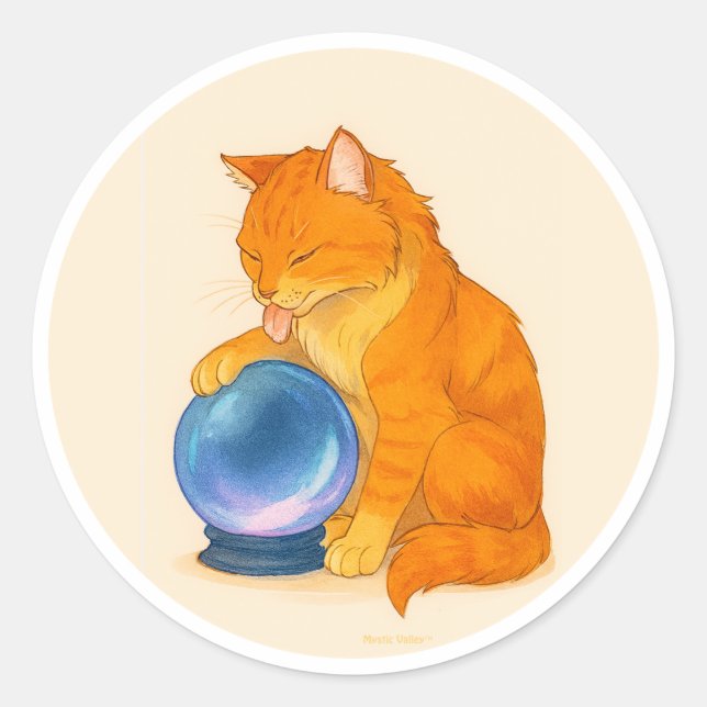 Sticker Rond Orange Tabby cat with blue crystal ball  (Devant)