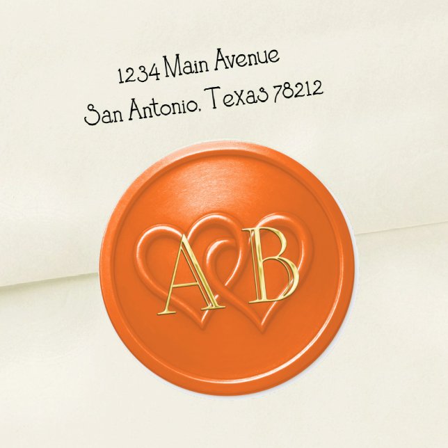 Sticker Rond Orange Two Hearts Intertwined Monogram Wedding (Créateur téléchargé)
