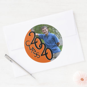 Sticker Rond Orange Varsity 2020 Graduation Class avec photo