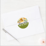 Sticker Rond Orange yellow rhododendron bold typography wedding<br><div class="desc">This elegant fall wedding round sticker showcases a beautiful rhdodendron branch intertwined with orange yellow flowers at the top. The addition of olive green at the bottom brings a touch of sophistication to the entire design, perfectly harmonizing with the bold typography of the minimalistic text, resulting in a modern and...</div>