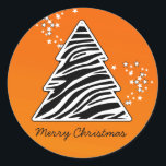 Sticker Rond Orange Zebra Christmas Tree<br><div class="desc">Belle,  lumineuse,  motif moderne avec arbre de noël poster de animal en orange et étoiles. Un cadeau de Noël mignon,  féminin et tendance. Personnalisez-le avec votre propre texte/ message/ nom.</div>