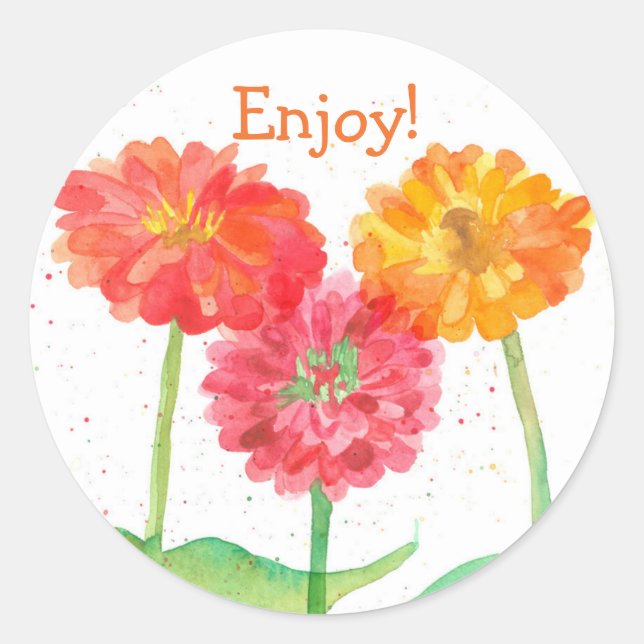 Sticker Rond Orange Zinnia Aquarelle Fleurs Profitez (Devant)