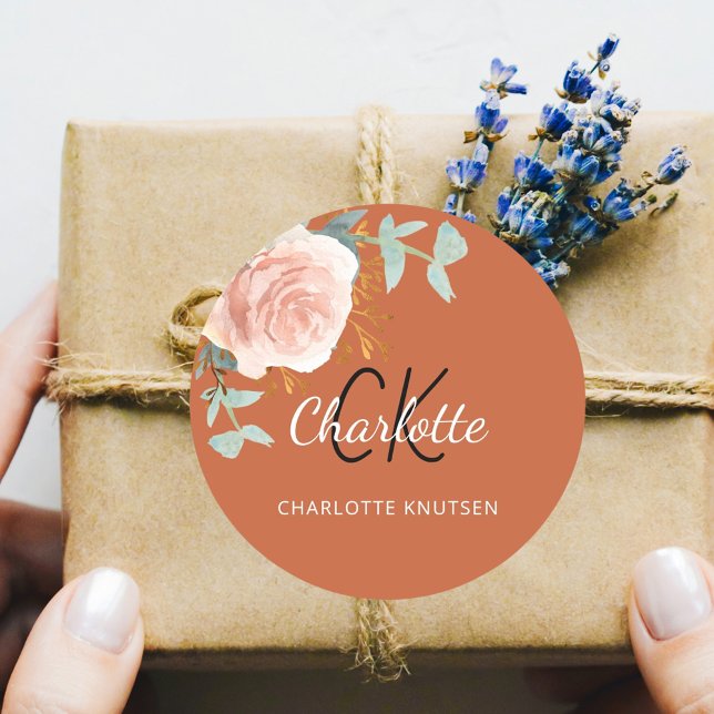 Sticker Rond Oranger brûlé rose or fleuri sauge vert merci (Créateur téléchargé)