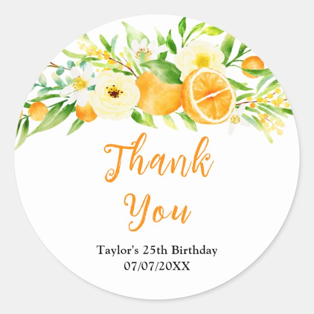 Sticker Rond Oranges Citrus Birthday Party Thank You (Devant)