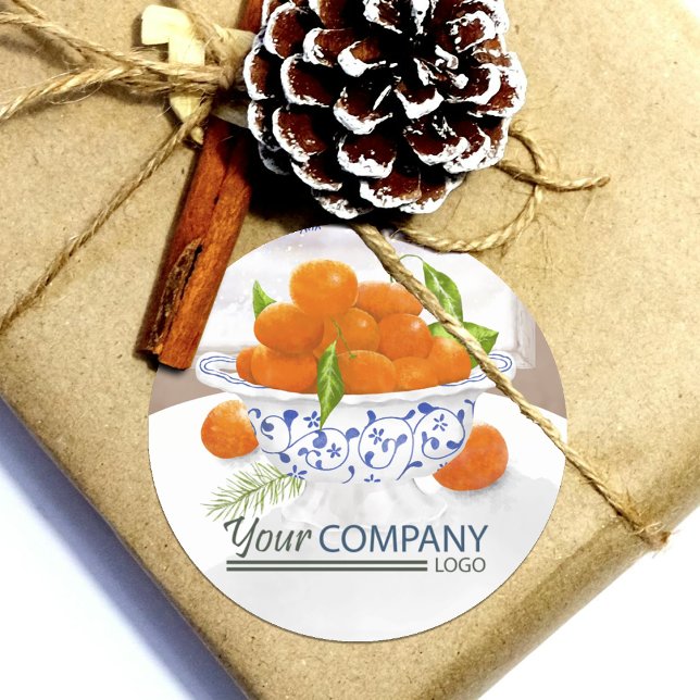 Sticker Rond Oranges d'hiver Blue Floral Porcelain cadeau de va (winter Christmas oranges company logo sticker or envelope seal, orange spice blue chinoiserie floral)