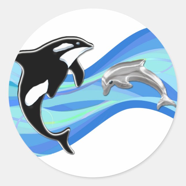 Sticker Rond Orca et dauphin dans les vagues (Devant)