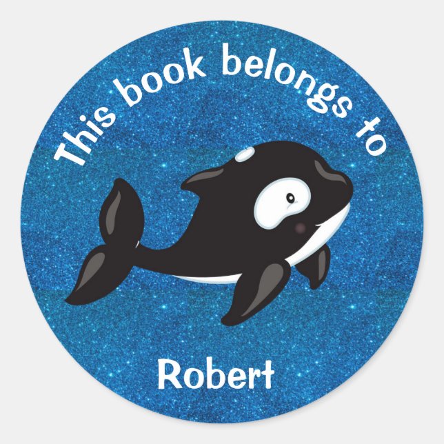Sticker Rond Orca noir mignon blanc sur Glittery Blue (Devant)