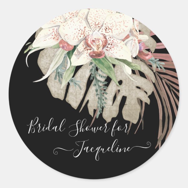 Sticker Rond Orchidée blanche Elégant noir Khaki Floral verdure (Devant)