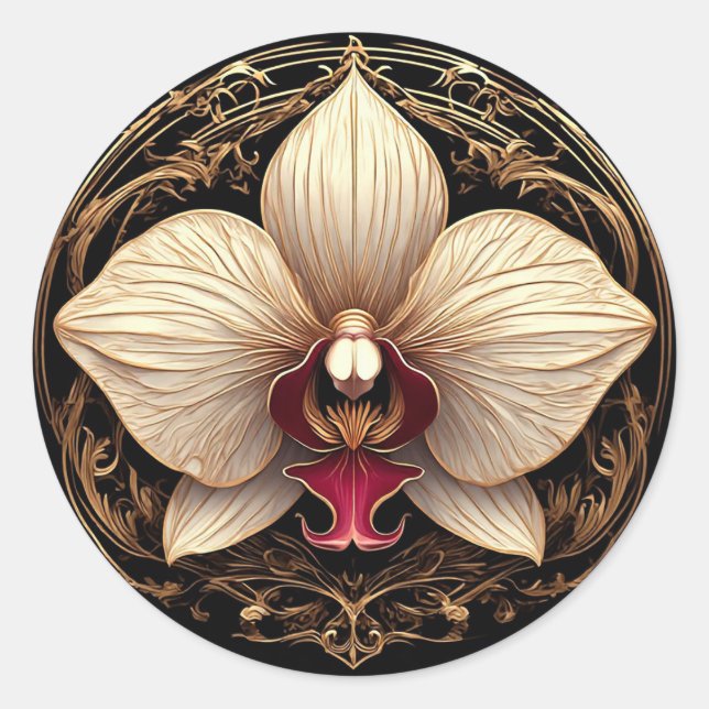 Sticker Rond Orchidée Dorée 🌿 Botanique Florale de Luxe (Devant)