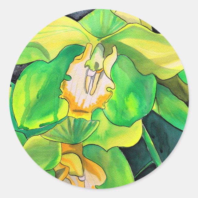 Sticker Rond Orchidée fleurs vert et jaune art (Devant)
