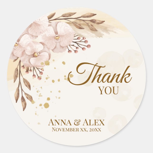 Sticker Rond Orchidée rose et aquarelle dorée Bohème rustique (Devant)