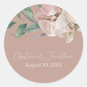 Sticker Rond Orchidées aquarelles romantiques sur blush poussié