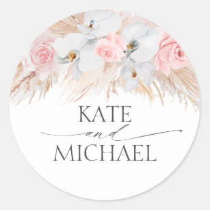 Sticker Rond Orchidées blanches et Pampas Mariage rose herbe