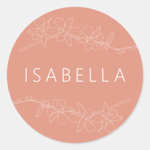 Sticker Rond Orchidées Floral Minimaliste Nom Personnalisé Saum