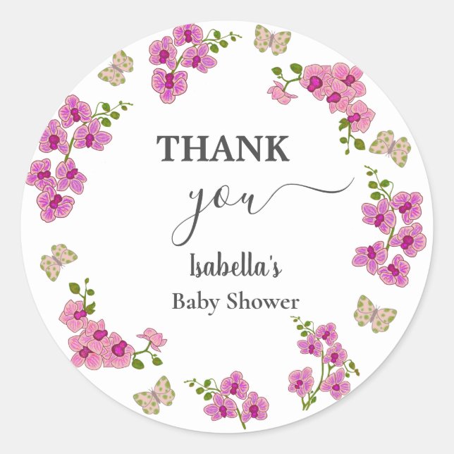 Sticker Rond Orchidées Papillon tropical Purple Pin Baby shower (Devant)