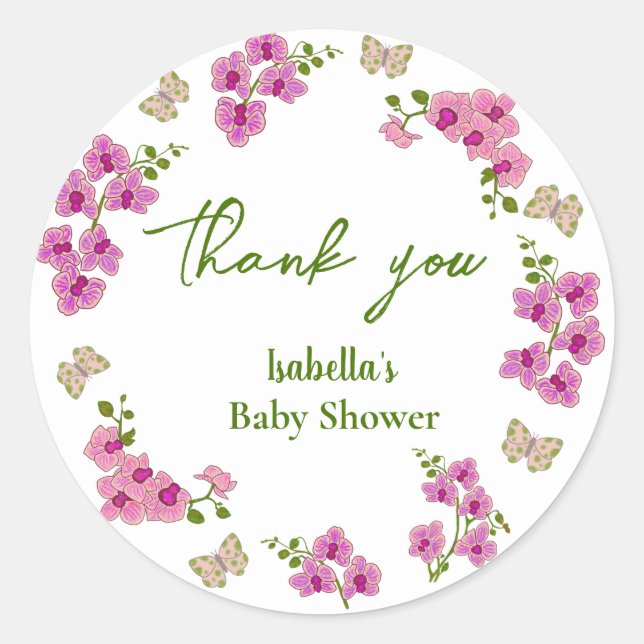 Sticker Rond Orchidées Papillon tropical Purple Pin Baby shower (Devant)