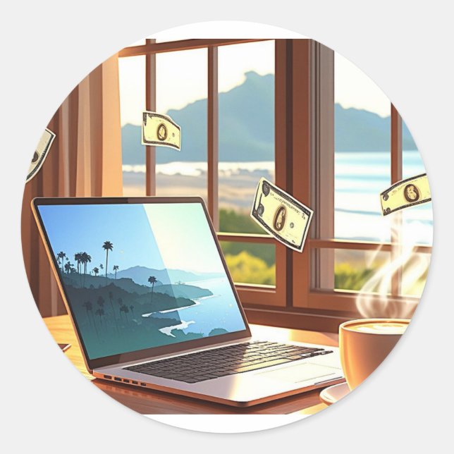 Sticker Rond Ordinateur portable & Latte Lifestyle - Travail, S (Devant)