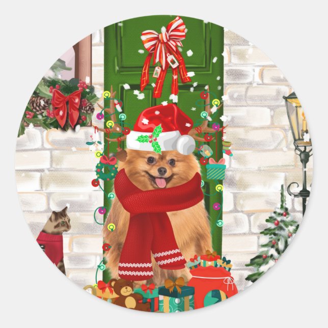 Sticker Rond Oreiller de Noël de Chien de Poméranie (Devant)