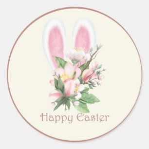 Sticker Rond Oreilles de lapin de Pâques et aquarelle Fleurs ro