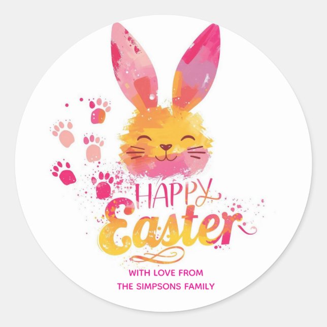 Sticker Rond Oreilles de lapin élégantes rose Joyeuses Pâques (Devant)