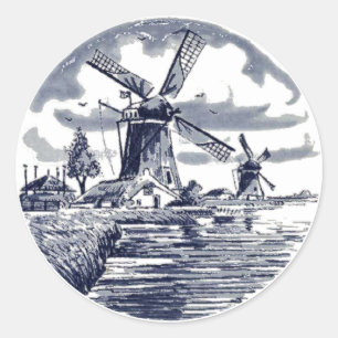 Sticker Rond Ornat Chic Antique Hollandais Delft Blue Windmill