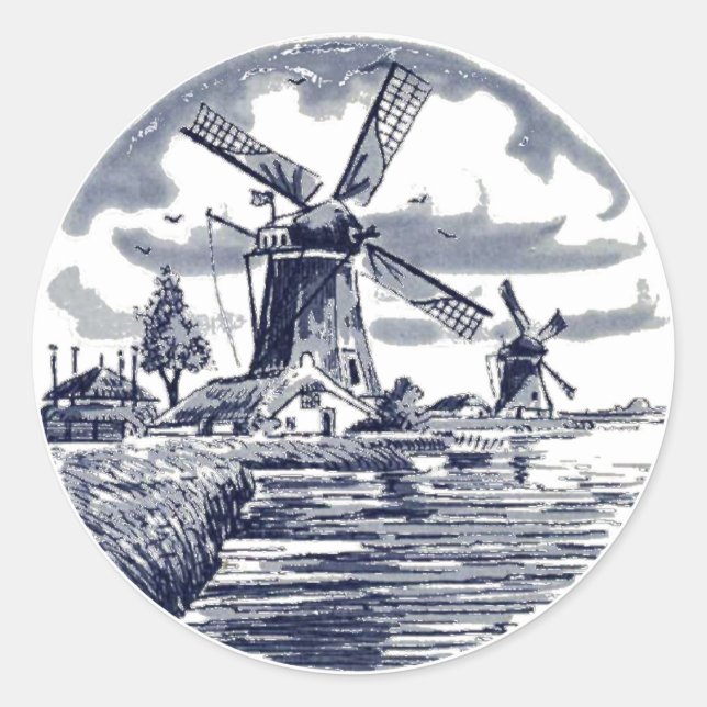Sticker Rond Ornat Chic Antique Hollandais Delft Blue Windmill (Devant)