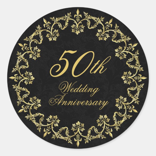 Sticker Rond Ornate Gold sur Black 50e anniversaire Mariage (Devant)