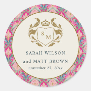 Sticker Rond Ornate Hot Pink Gold Classy Floral Laurel Mariage