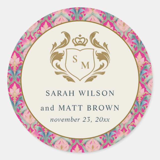Sticker Rond Ornate Hot Pink Gold Classy Floral Laurel Mariage (Devant)