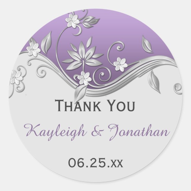 Sticker Rond Ornate Purple Argent Floral Fissures Mariage Favor (Devant)