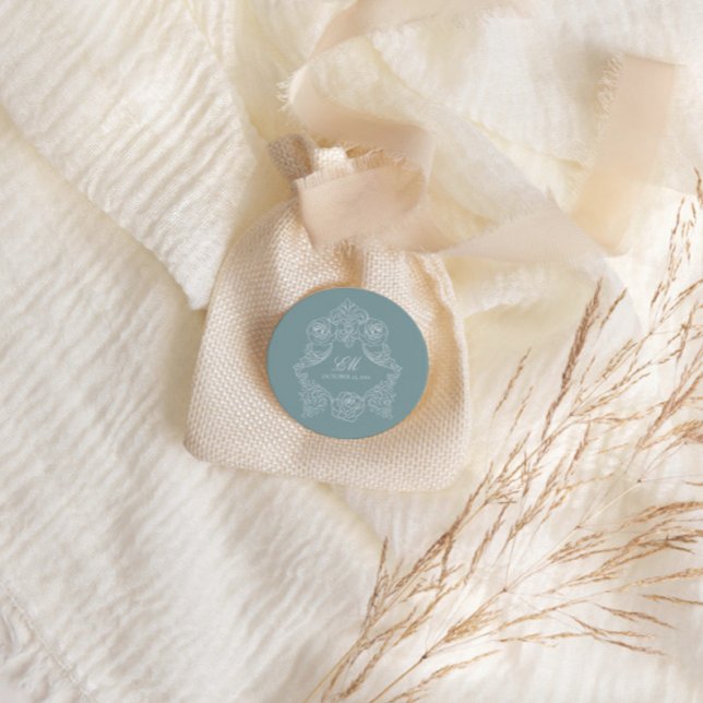 Sticker Rond Ornement de blason de monogramme mariage bleu pous (Créateur téléchargé)