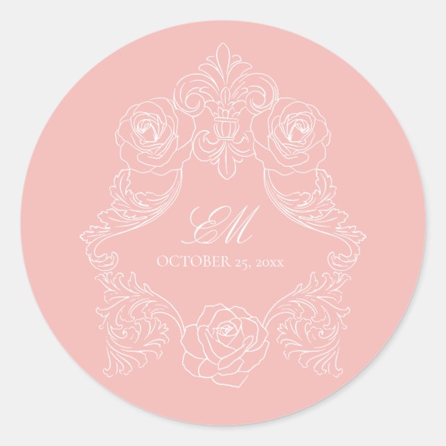 Sticker Rond Ornement de blason de monogramme rose blush Logo d (Devant)