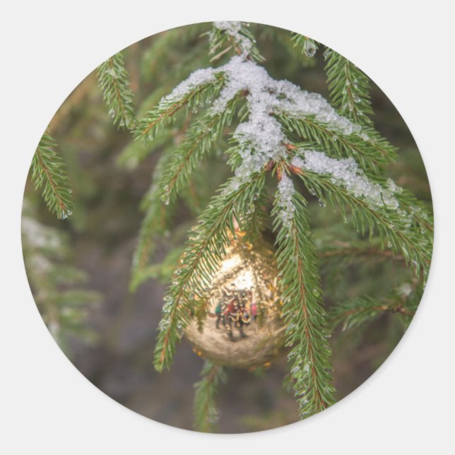 Sticker Rond Ornement de Noël en verre doré sur un sapin (Devant)