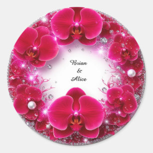 Sticker Rond Ornement Floral de Mariage avec Fleurs Rouges