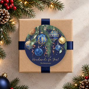 Sticker Rond Ornements de Noël en Or et Bleu Faits Main pour Vo