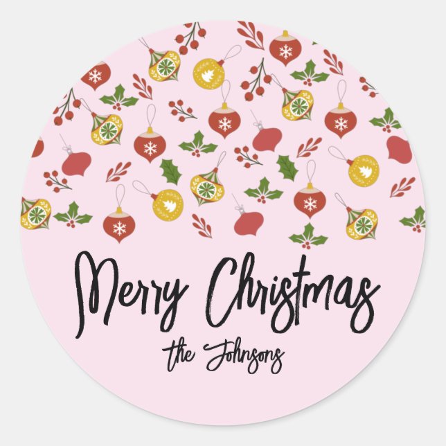Sticker Rond Ornements de Noël Verdure festive Rose    (Devant)