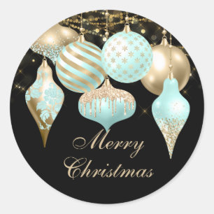 Sticker Rond Ornements élégants Aqua Or Party de Noël