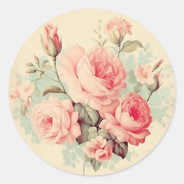 Sticker Rond Ornements Patinés, Rose Shabby Chic (Devant)