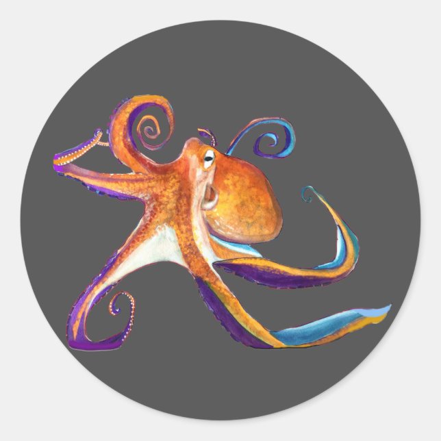 Sticker Rond Otopus vie marine aquarelle art (Devant)