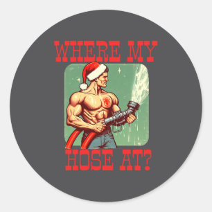 Sticker Rond Où est mon tuyau à Noël Mème drôle de pompier