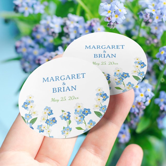 Sticker Rond Oubliez-moi pas Bleu et Blanc Mariage marié Groom (Forget Me Not Blue & White Wedding Bride Groom Classic Round Sticke)