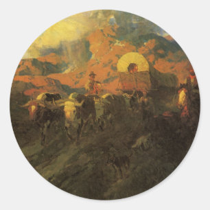 Sticker Rond Ouest américain vintage, piste Overland par Johnso