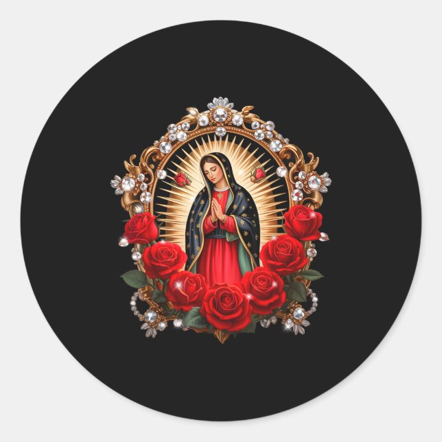 Sticker Rond Our Lady Guadalupe Saint Virgin Mary In Roses Flow (Devant)