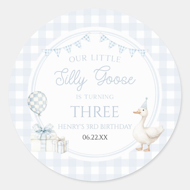 Sticker Rond Our Little Silly Goose Blue Birthday Party (Devant)