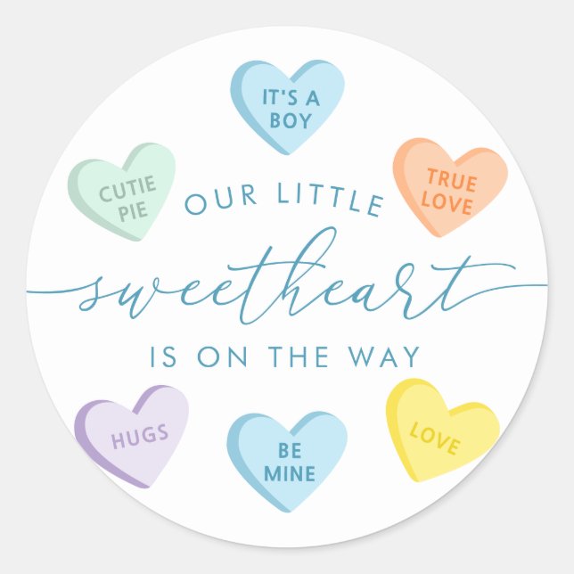 Sticker Rond Our Little Sweetheart Candy Hearts Baby Shower (Devant)