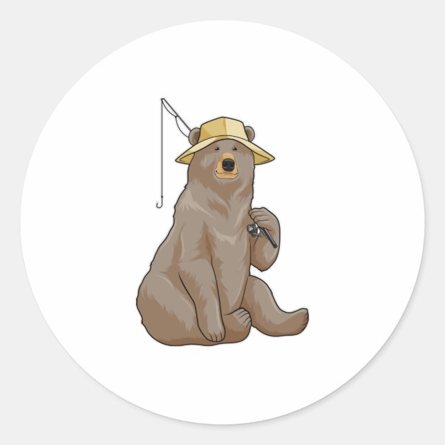 Sticker Rond Ours à la pêche avec une baguette de pêche (Devant)