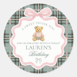 Sticker Rond Ours à nœud papillon rose Coquette Tartan Cadeau d