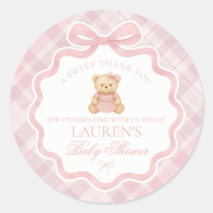 Sticker Rond Ours à nœud papillon rose Coquette Tartan Faveur d
