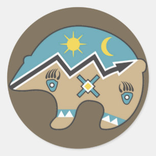 Sticker Rond Ours amérindien, bleu, brun