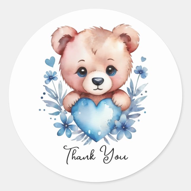 Sticker Rond Ours Aquarelle Cute, Merci Coeur Bleu (Devant)